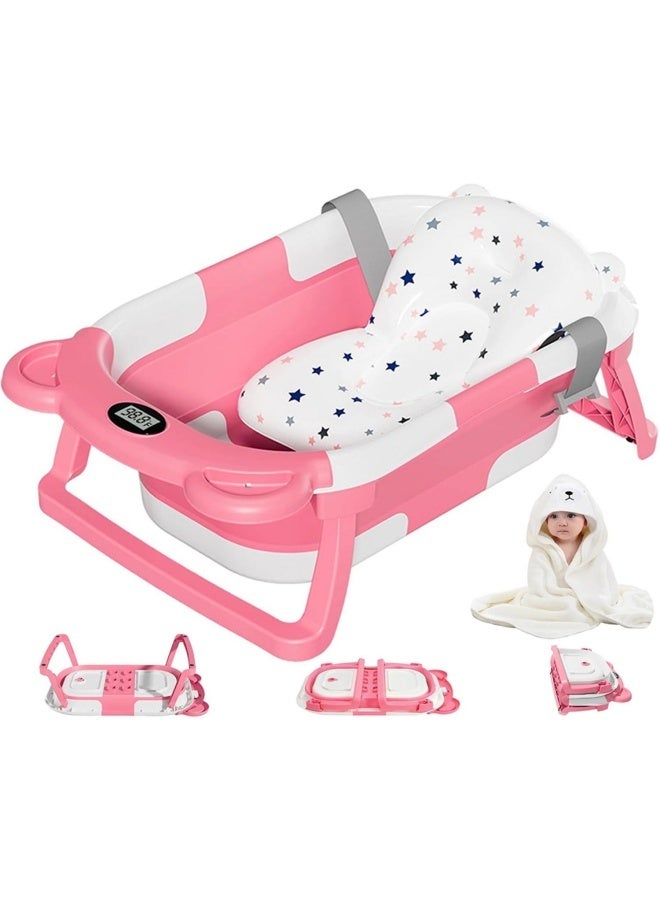 سانتين رايلي حوض استحمام أطفال قابل للطي ومحمول للسفر (وردي) مزود بـوسادة ناعمة ومقياس حرارة رقمي يعمل في الوقت الفعلي. مناسب للمواليد الجدد والأطفال الصغار من عمر 0 إلى 36 شهرًا. - Image 1